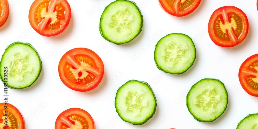 A pattern of thinly sliced cucumber and tomato slices, neatly arranged in a solid texture on a white background, with bright contrasts, and a fresh look. A pattern of thinly sliced cucumber and tomato slices, neatly arranged in a solid texture on a white background, with bright contrasts, and a fresh look.