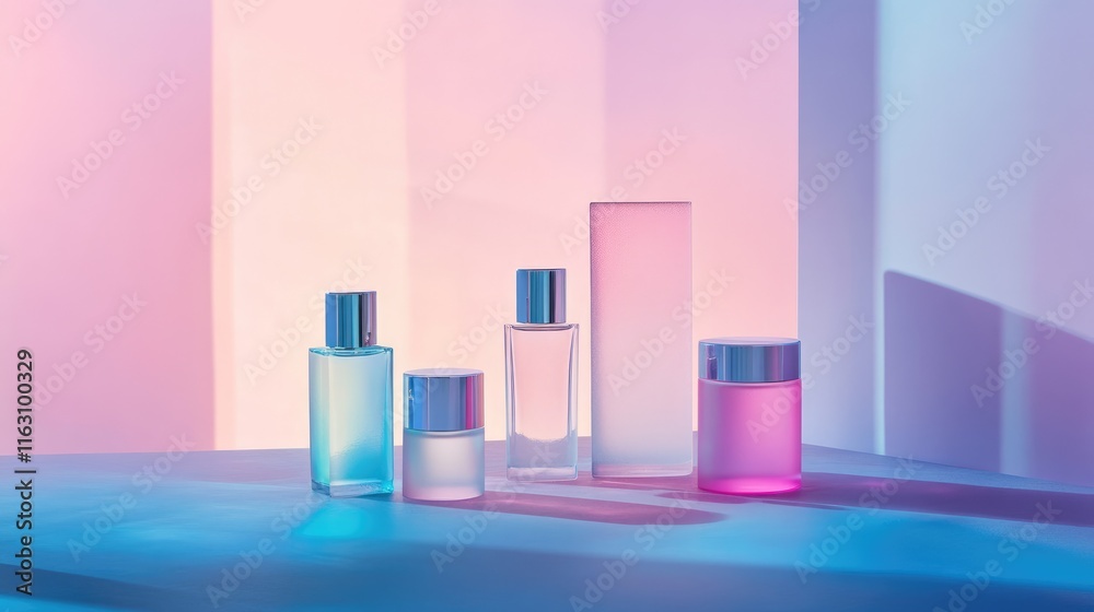 A collection of elegantly designed cosmetic bottles against a colorful backdrop. A collection of elegantly designed cosmetic bottles against a colorful backdrop.