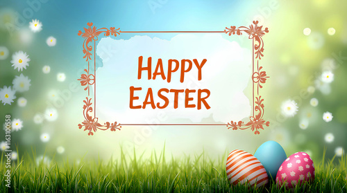 Happy Easter background with message, frame and Easter eggs scene greeting card with flower decoration of April holiday celebration with candy painted egg joy and festive chocolate basket background 