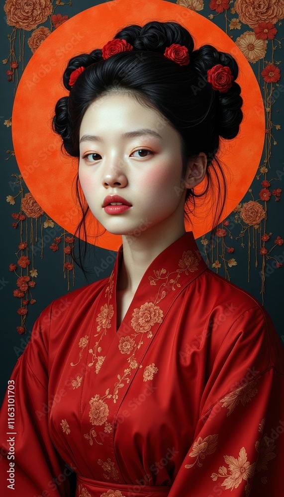 portrait of an Asian girl in a traditional Chinese dress with a sharp gaze on an artistic background portrait of an Asian girl in a traditional Chinese dress with a sharp gaze on an artistic background