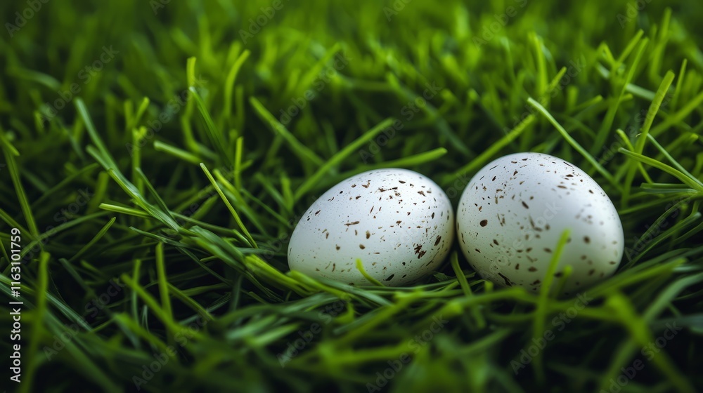 Two speckled eggs are nestled in lush green grass, creating a natural and serene setting. The arrangement allows for text overlay and creative design Two speckled eggs are nestled in lush green grass, creating a natural and serene setting. The arrangement allows for text overlay and creative design