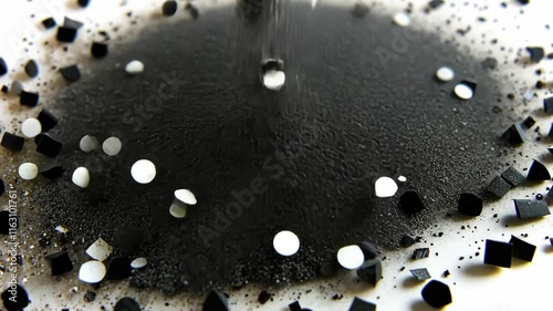 Various sizes of black and white granules are dispersed on a flat surface during a creative project
