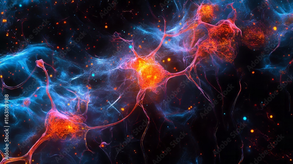 Vividly colored neurons interact and transmit signals in a captivating visualization of Brain activity. The dynamic connections form an intricate network in a dark space, highlighting their functions Vividly colored neurons interact and transmit signals in a captivating visualization of Brain activity. The dynamic connections form an intricate network in a dark space, highlighting their functions