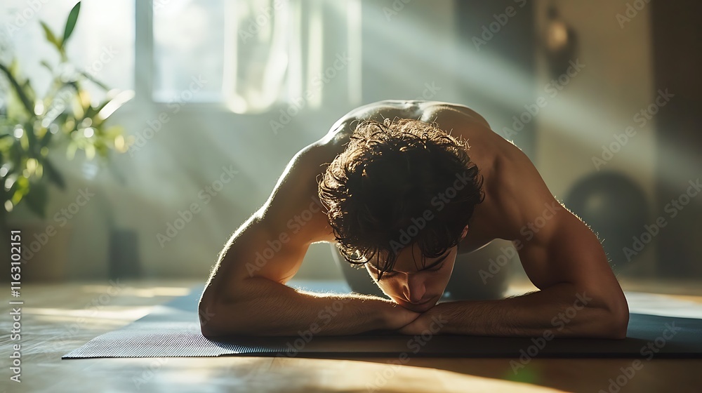 Fototapeta premium Man practicing yoga, child's pose on mat, sunlight.