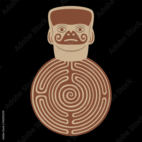 Stylized human face on a round spiral maze or labyrinth symbol. Native American art of Moche Indians. Enigma of ancient Peru.