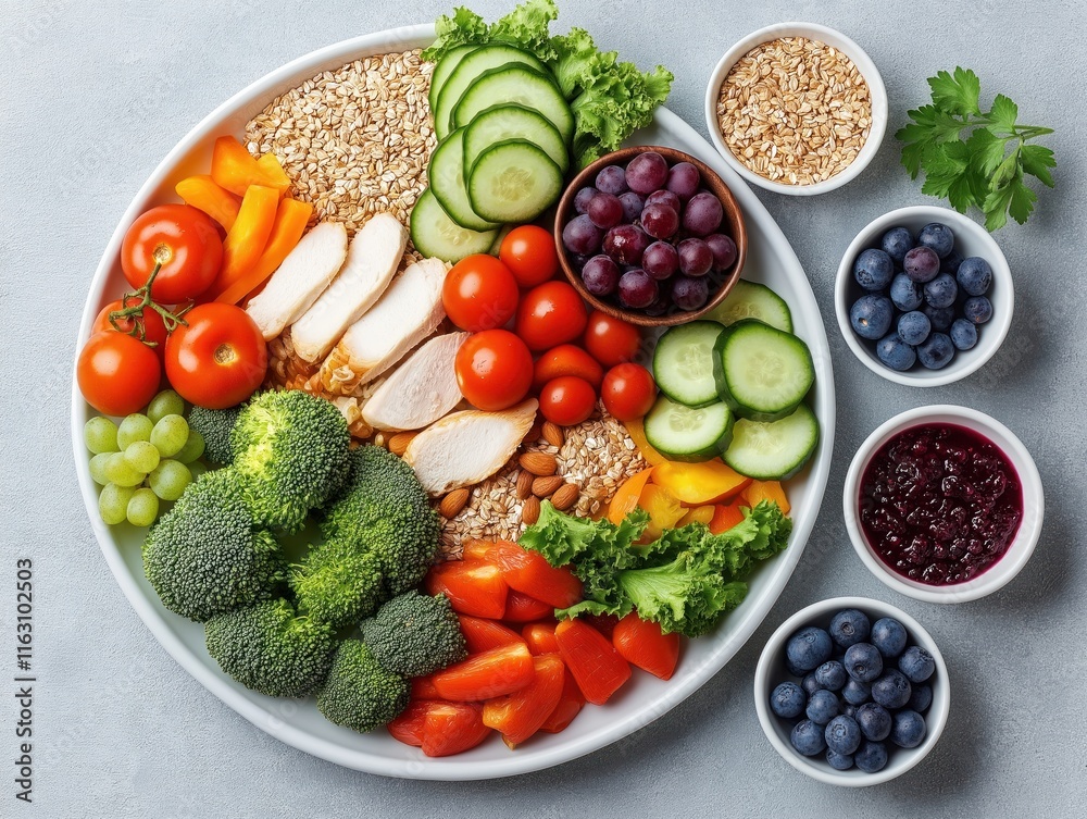 Balanced meal plan for diabetes management. Healthy food plate variety of fruits vegetables whole grains, lean protein. Colorful infographic displays healthy eating habits. Great for diabetes Balanced meal plan for diabetes management. Healthy food plate variety of fruits vegetables whole grains, lean protein. Colorful infographic displays healthy eating habits. Great for diabetes