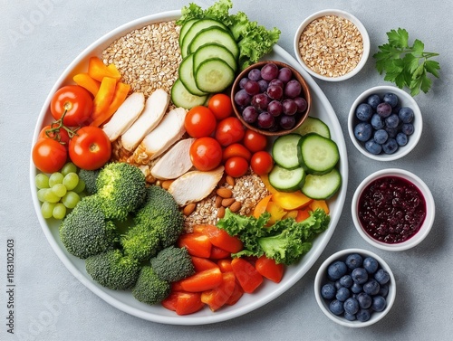 Balanced meal plan for diabetes management. Healthy food plate variety of fruits vegetables whole grains, lean protein. Colorful infographic displays healthy eating habits. Great for diabetes photo