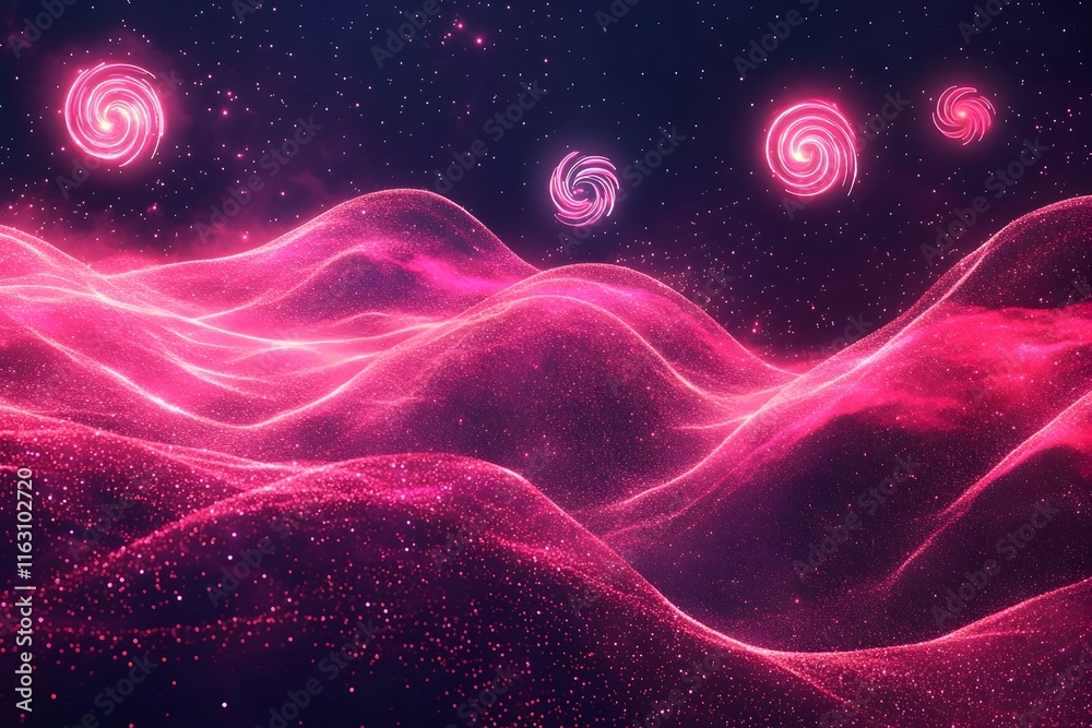 Glowing Neon Pink Mesh Waves with Floating Spiral Galaxy Icons in a Space Nebula Background Glowing Neon Pink Mesh Waves with Floating Spiral Galaxy Icons in a Space Nebula Background