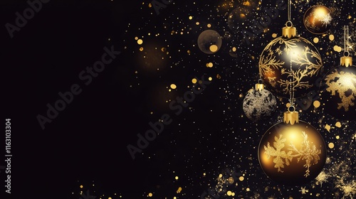 A festive arrangement of golden and silver Christmas ornaments against a dark background.