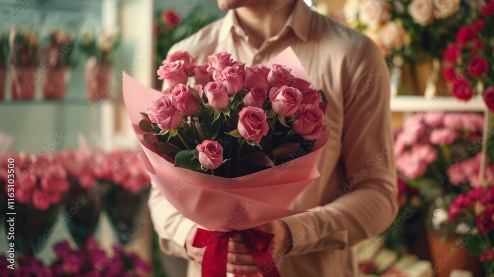 Man in light plain shirt holding bouquet of flowers with red ribbon in daytime in flower shop surprise gift for Valentine's day Man in light plain shirt holding bouquet of flowers with red ribbon in daytime in flower shop surprise gift for Valentine's day