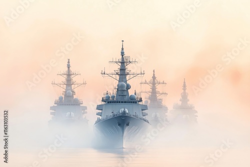 Indian naval ships in formation during ceremonial event at dawn. Military vessels form powerful, unified fleet in foggy sea. Naval ships display tradition, pride. Serene morning light enhances scene photo