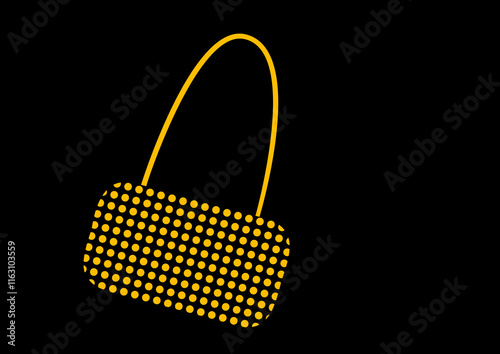 Vector illustration of a handbag on a black background. The handbag is yellow with a hint of gold. It has a pattern of yellow dots on a black background.