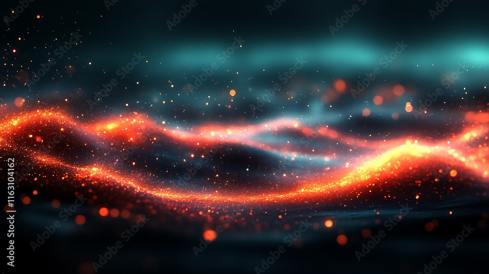 Obraz premium Abstract glowing orange particles wave dark background