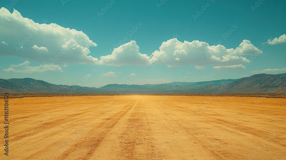 Fototapeta premium Vast desert landscape with a dirt road disappearing into the horizon under a partly cloudy sky.