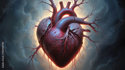 A delicately ravaged heart, its chambers exposed and arteries crumbling,This vivid depiction of a heart afflicted by disease
