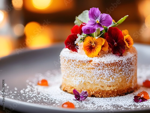 Decadent Dessert Topped with Edible Flowers Creating a Whimsical and Elegant Presentation Perfect for Celebrations and Special Occasions with Colorful Appeal photo