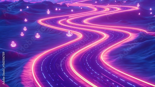 Glowing Neon Desert Highways with Floating Cactus Icons photo