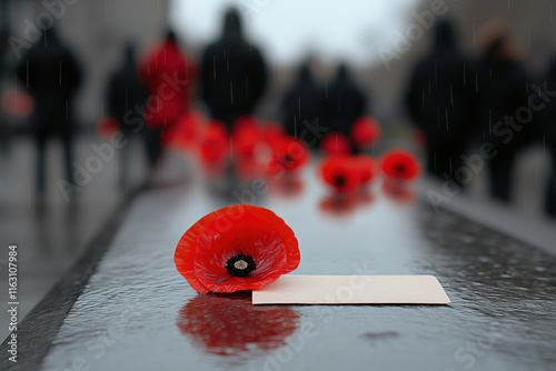 Handwritten note of thanks placed at war memorial. Red poppy flower lays on wet memorial surface. People walk by in rain. Tribute to veterans, freedom fighters. Rainy day remembrance. National moment photo