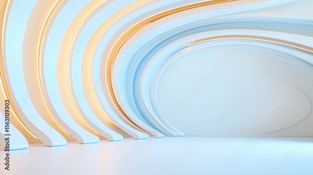 Obraz premium A modern, minimalist interior featuring curved white and blue walls with soft lighting, creating a serene and spacious atmosphere.