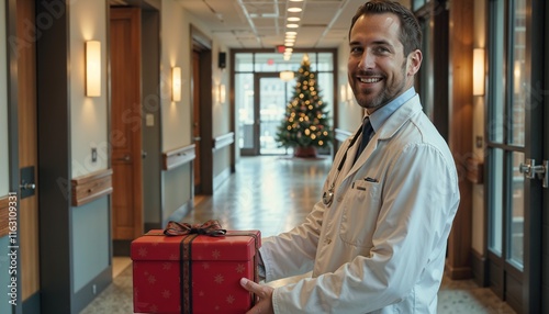  A smiling doctor in a white coat holding a festive red gift box. Standing in a decorated hospital corridor with a Christmas tree in the background. Warm and cheerful holiday atmosphere.