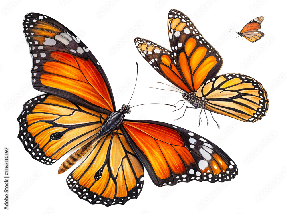 Fototapeta premium Colorful monarch butterflies in a natural setting showcasing vibrant orange and black patterns isolated on transparent background