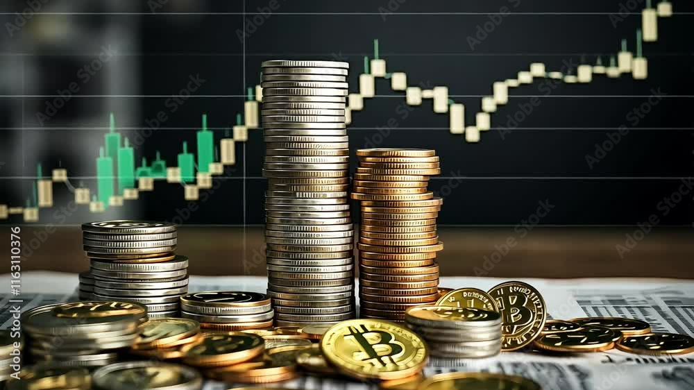Golden and silver coins, concept of rise and fall of currency