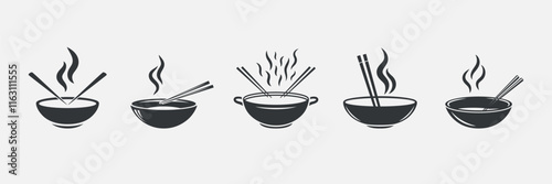 Hot Soup Bowl Icons with Steam, Chopsticks, Wok, Hotpot. Soup, Bowls, Chopsticks, Wok, Hotpot Monochrome Vector Illustration. Design Template for Asian Food Logo, Menu. Noodles, Ramen and Soup Designs