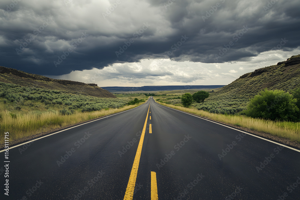 Fototapeta premium A straight road leading to the horizon, dark storm clouds in the background