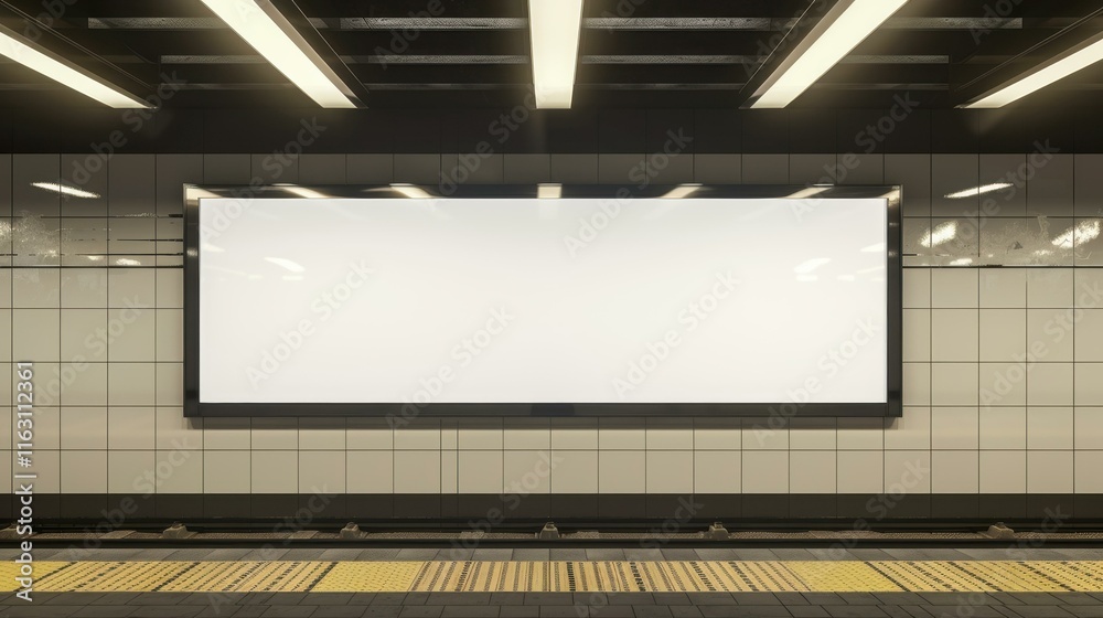 A blank subway billboard stands ready for ads, showcasing clean lines on a modern tiled wall in an urban setting. A blank subway billboard stands ready for ads, showcasing clean lines on a modern tiled wall in an urban setting.
