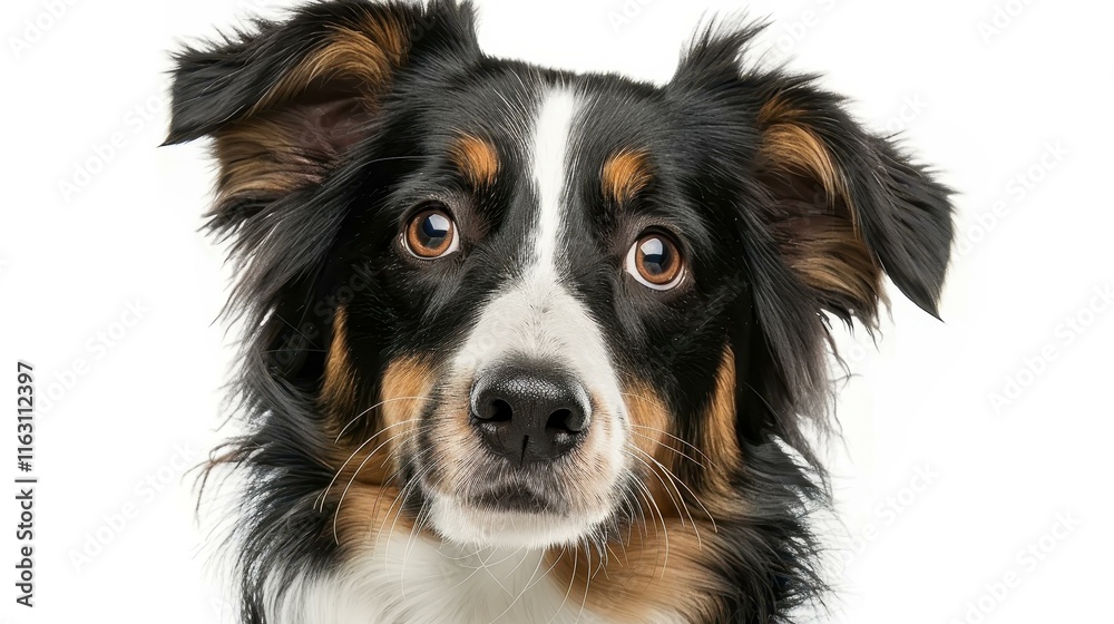 A closeup of a border collie dog features its striking eyes and fluffy coat, showcasing its playful spirit. A closeup of a border collie dog features its striking eyes and fluffy coat, showcasing its playful spirit.