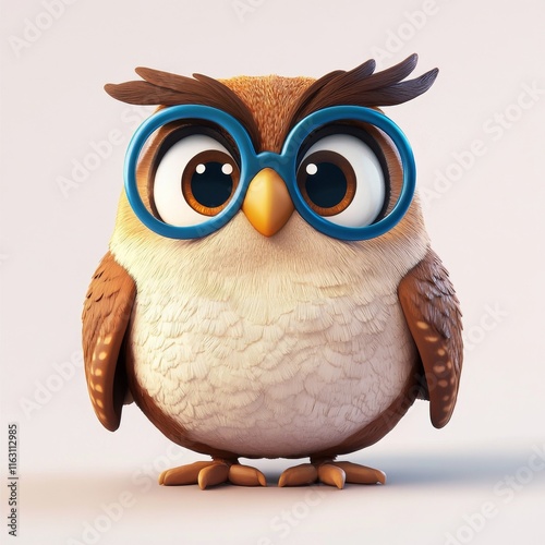 A cartoon owl with large blue eyes and brown feathers, perched against a white background photo