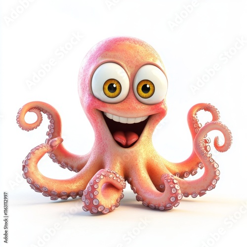 A 3D cartoon octopus with a smile, displaying its tentacles, set against a white background with full depth of field photo