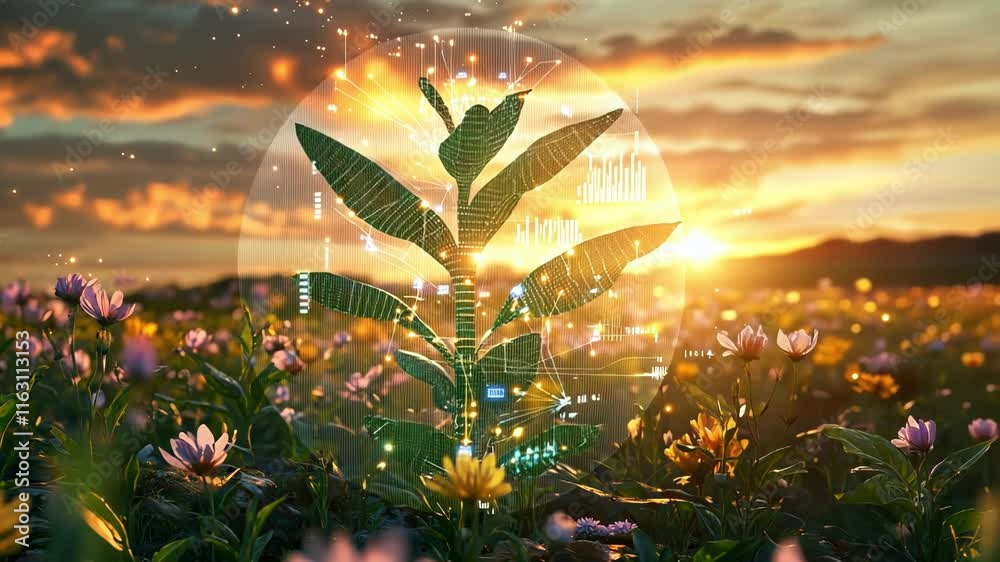 A digital plant symbolizes growth and innovation at sunset.