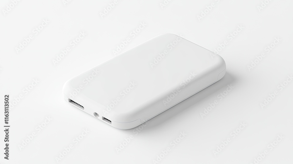 White portable power bank charger with two USB ports on a white background. White portable power bank charger with two USB ports on a white background.
