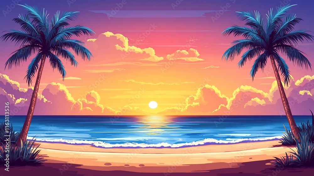 Obraz premium Vibrant sunset over tranquil ocean beach with palm trees.
