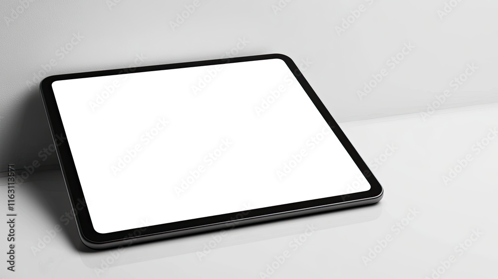 Modern black tablet with blank white screen on a white surface. Modern black tablet with blank white screen on a white surface.