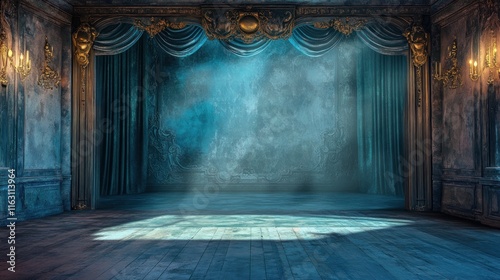 Mysterious stage with velvet curtains in an antique room.