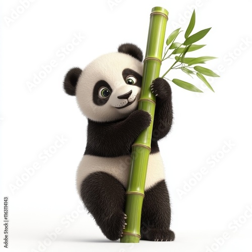 The playful panda cub, clutching a bamboo stalk, presents a delightful contrast with its soft fur against a bright white background, its expression both endearing and adorable photo