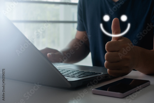 Businessman thumb up with a happy smile face. Customer service Satisfaction, good feedback rating, positive customer review, experience, satisfaction survey, mental health, employee wellness concept.