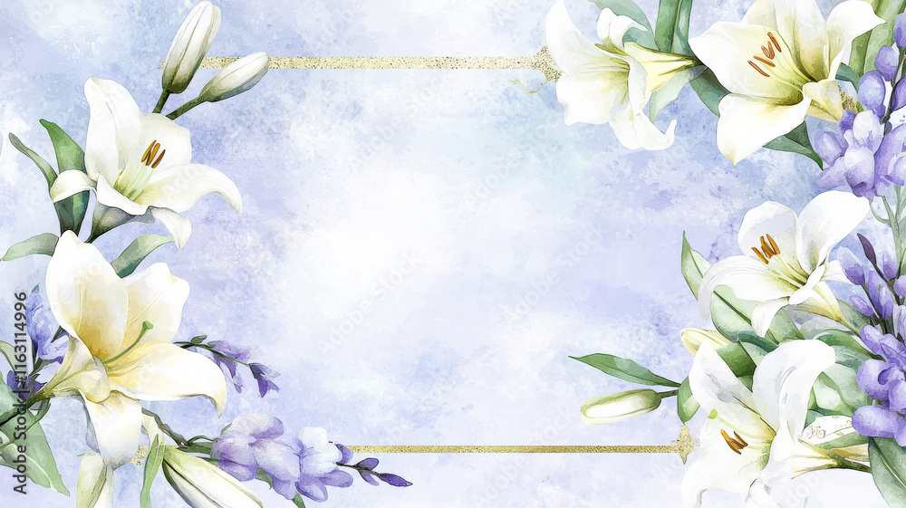 Fototapeta premium A classic Easter card features a soft watercolor background in pale blue and lavender, delicately bordered with gold details, with hand-painted white lilies and roses framing a blank space