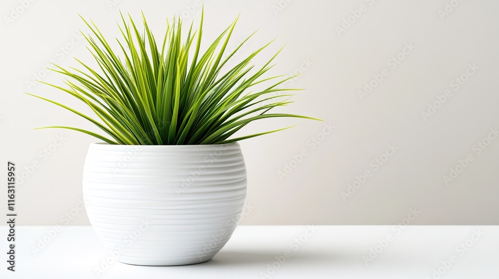 Lush green artificial plant in a white pot on a white surface against a light gray background. Lush green artificial plant in a white pot on a white surface against a light gray background.