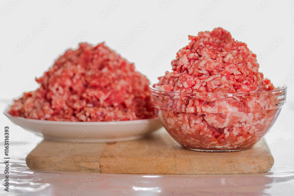 Minced Meat in Bowls on Wooden Surface. Ground Meat in a glass cup on a white background. Fresh bio product. Ground Meat in a Bowl.Fresh Ground Meat Minced Meat in Bowls on Wooden Surface. Ground Meat in a glass cup on a white background. Fresh bio product. Ground Meat in a Bowl.Fresh Ground Meat