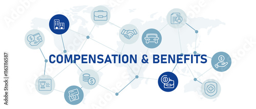 Compensation and benefits icon illustration of rewards for employee salary bonuses retirement insurance health care protection company