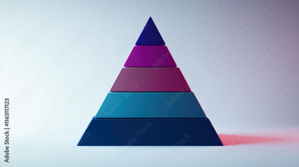 A clean 3D pyramid chart features segments painted in contrasting jewel tones, elegantly displayed on a gradient background transitioning from white to gray A clean 3D pyramid chart features segments painted in contrasting jewel tones, elegantly displayed on a gradient background transitioning from white to gray