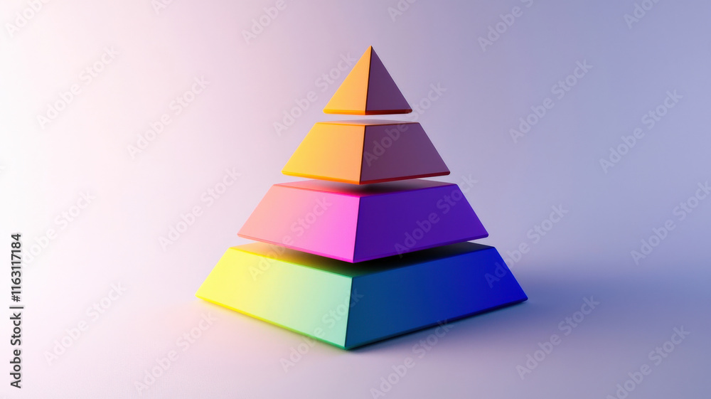 A clean 3D pyramid chart features segments painted in contrasting jewel tones, elegantly displayed on a gradient background transitioning from white to gray A clean 3D pyramid chart features segments painted in contrasting jewel tones, elegantly displayed on a gradient background transitioning from white to gray