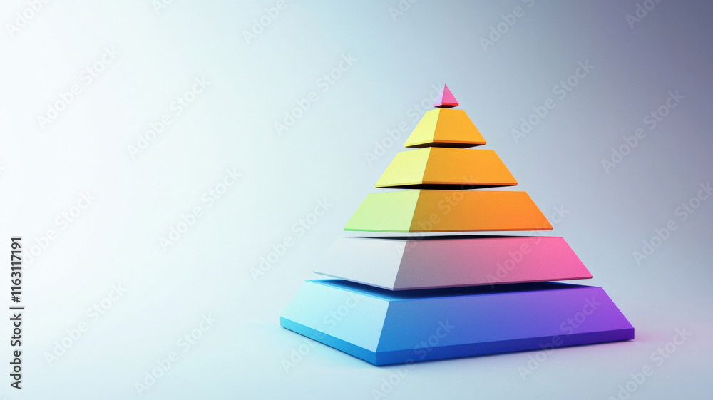 A clean 3D pyramid chart features segments painted in contrasting jewel tones, elegantly displayed on a gradient background transitioning from white to gray A clean 3D pyramid chart features segments painted in contrasting jewel tones, elegantly displayed on a gradient background transitioning from white to gray