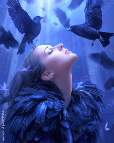 Mysterious woman with crow feathers in an ethereal setting photo