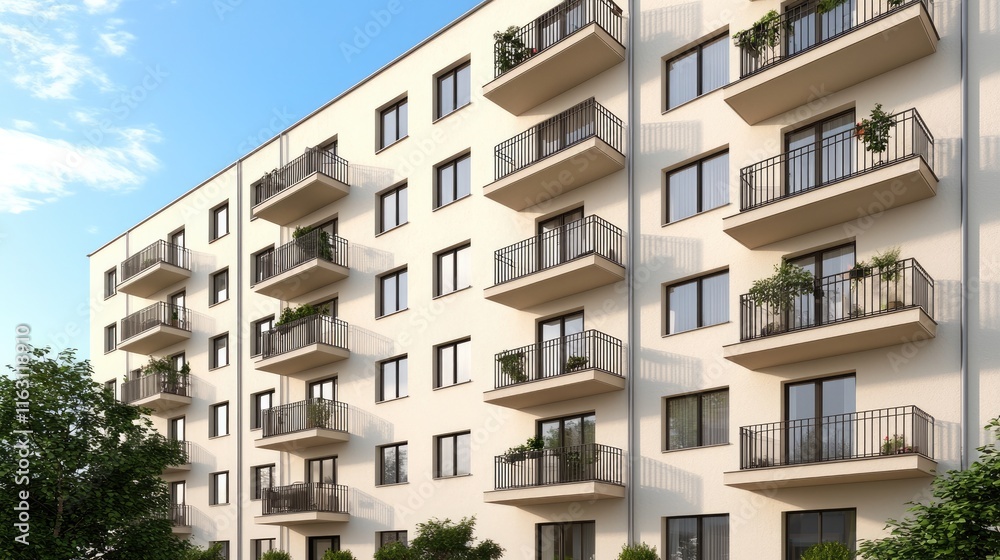 A modern apartment building with multiple balconies, featuring a clean design and greenery around it, set against a clear blue sky. A modern apartment building with multiple balconies, featuring a clean design and greenery around it, set against a clear blue sky.