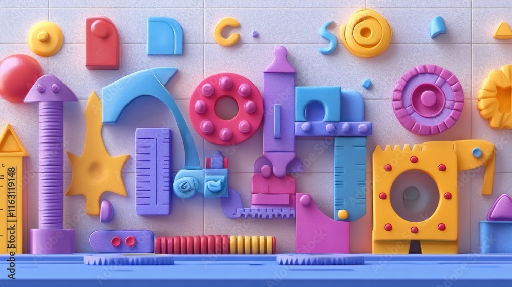 Fototapeta premium Colorful 3D shapes and tools forming abstract design.