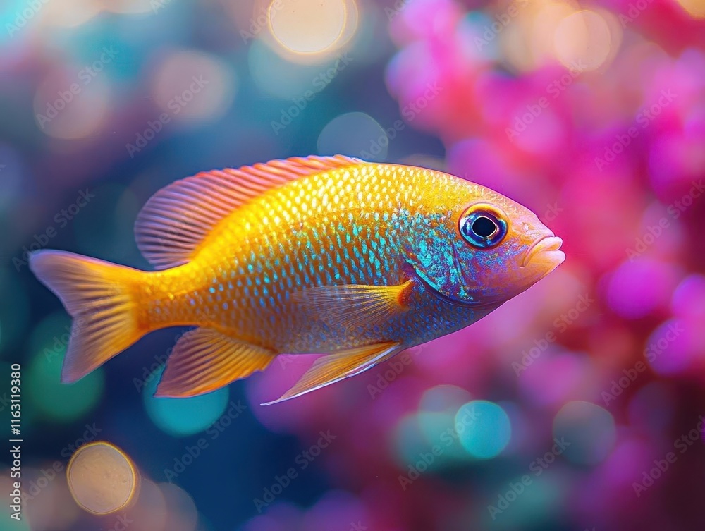 Fish swimming gracefully in a modern aquarium, glowing neon lights reflecting off the water, sharp focus on scales, clean and vibrant underwater world Fish swimming gracefully in a modern aquarium, glowing neon lights reflecting off the water, sharp focus on scales, clean and vibrant underwater world